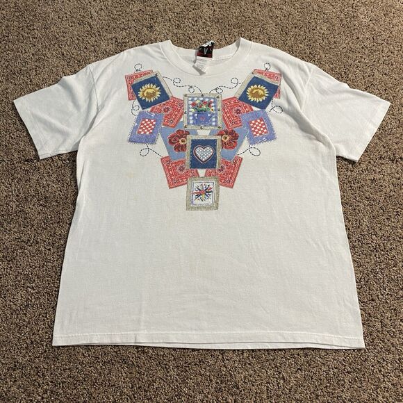 Vintage Tops - Vintage 90s Single Stitch T Shirt Patchwork Grandmacore White One Size Women’s